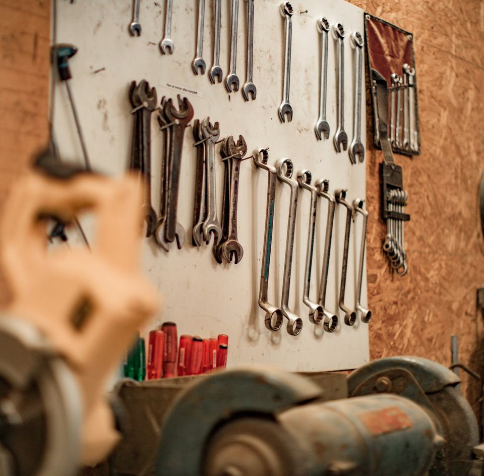 Workshop tools laid out on a bench
